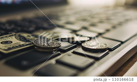 AI-generated content. Computer on the Table and Money AI-generated content. Computer on the Table and Money 110166618