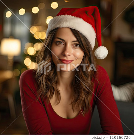 AI-generated content. Portrait of a beautiful woman in a Christmas hat 110166726