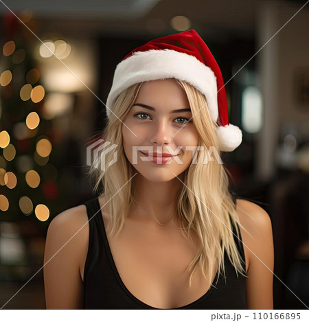 AI-generated content. Portrait of a beautiful woman in a Christmas hat 110166895