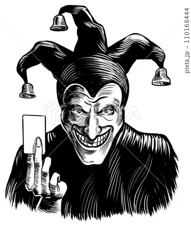 Evil joker with playing card. Hand-drawn black and white illustration 110168444