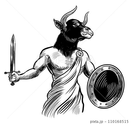 Minotaur with shield and sword. Hand-drawn black and white illustration	 110168515