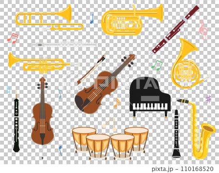 ピアノやバイオリン・トランペットなどの楽器のセット 110168520