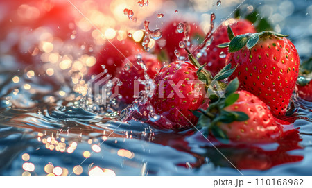 Strawberry water poster, splash of water, Solid color background, AI generated 110168982
