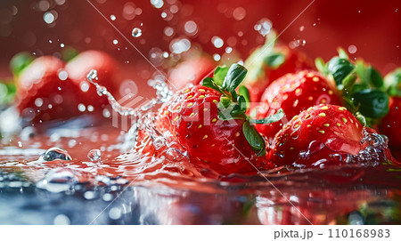 Strawberry water poster, splash of water, Solid color background, AI generated 110168983