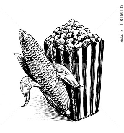 Box of popcorn. Hand-drawn ink black and white illustration Box of popcorn. Hand-drawn ink black and white illustration 110169135