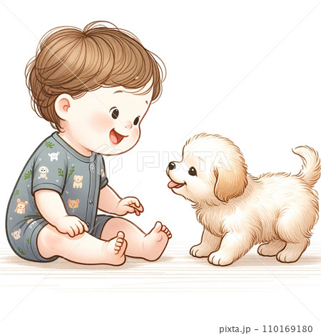 子犬と遊ぶ赤ちゃん  (AI生成画像) 110169180