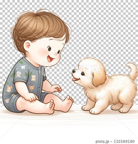 子犬と遊ぶ赤ちゃん  (AI生成画像) 110169180