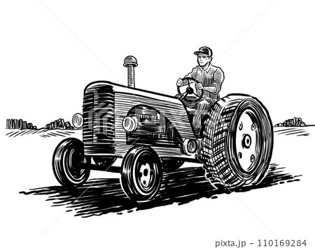 Farmer on vintage tractor. Hand-drawn black and white illustration Farmer on vintage tractor. Hand-drawn black and white illustration 110169284