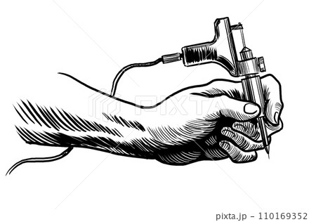 Hand holding a tattoo machine. Hand-drawn black and white illustration Hand holding a tattoo machine. Hand-drawn black and white illustration 110169352