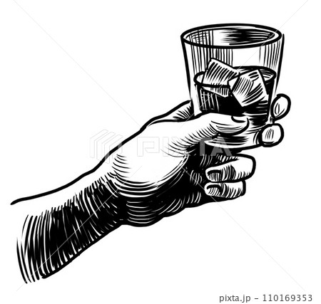 Hand holding a glass of whiskey. Hand-drawn black and white illustration Hand holding a glass of whiskey. Hand-drawn black and white illustration 110169353
