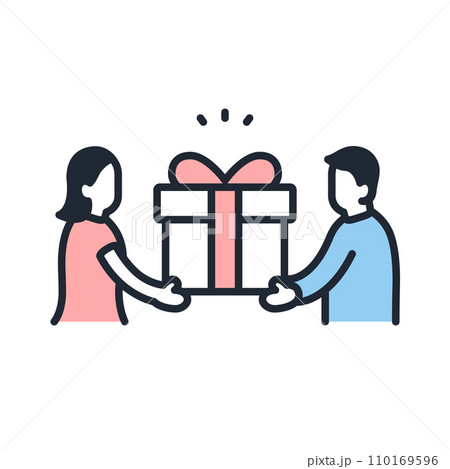男性へプレゼントを渡す女性のシンプルなベクターアイコンイラスト素材 110169596