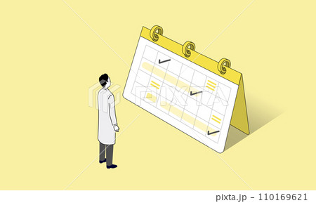 医師の働き方改革のイラストイメージ、カレンダーと医師のイラスト、ベクター 110169621