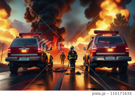A firefighter complete with firefighting suit firefighter deploys an extinguisher to control a blazing car. 110171638