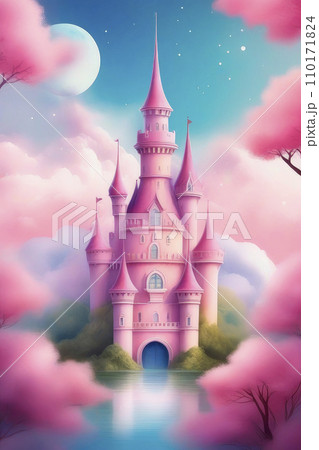 Princess magic pink castle watercolor in the...のイラスト素材 [110171824] - PIXTA