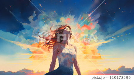 Young woman standing and looking at the summer sky. Generative AI 110172399
