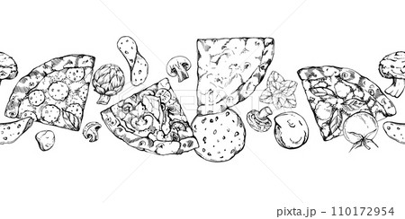 Hand drawn vector ink illustration. Pizza slices and toppings ingredients, Italian cuisine. Seamless border isolated on white. Design for restaurant, menu, cafe, food shop or package, flyer, print. 110172954