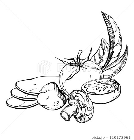 Hand drawn vector ink illustration. Tomato champignon mozzarella cheese basil herb leaves fresh products meal. Composition isolated on white. Restaurant menu, cafe, food shop or package, flyer, print. Hand drawn vector ink illustration. Tomato champignon mozzarella cheese basil herb leaves fresh products meal. Composition isolated on white. Restaurant menu, cafe, food shop or package, flyer, print. 110172961