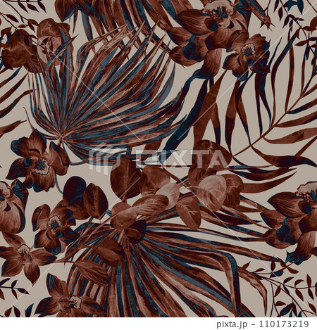 Seamless monochrome pattern with tropical silhouettes of tropical plants in night tropics style 110173219