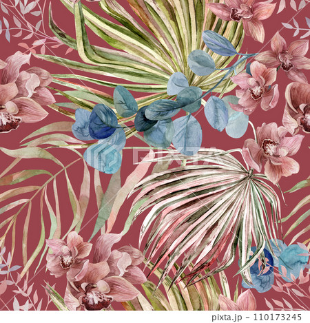 Seamless pattern with orchid flowers and tropical watercolor flowers and herbarium in Boho style 110173245