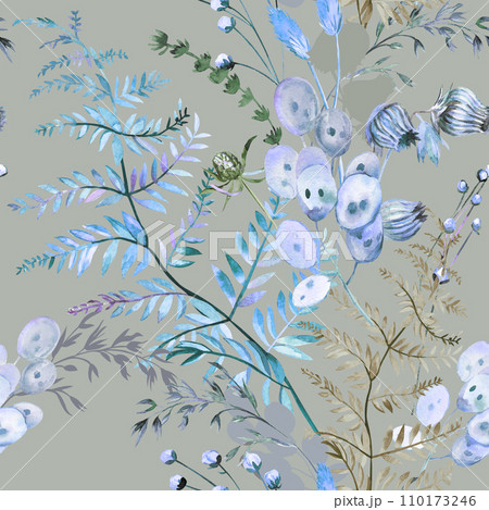 Seamless watercolor pattern with herbs and wildflowers 110173246