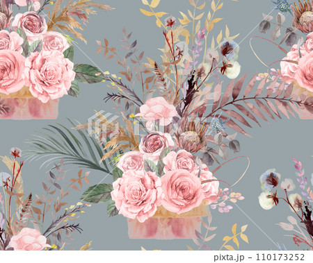 Seamless botanical pattern with watercolor flowers of roses and palm leaves 110173252