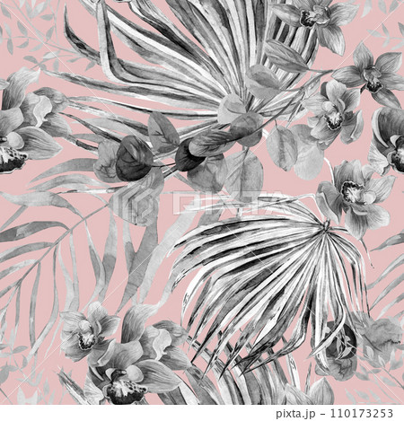 Seamless botanical monochrome black and white pattern with watercolor flowers and palm leaves. Drawing for textiles 110173253