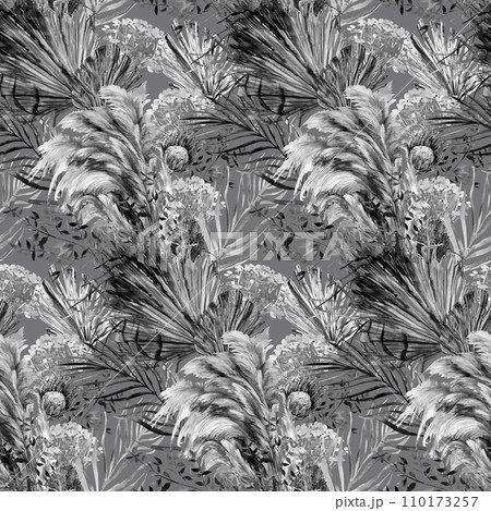 Monochrome watercolor seamless pattern with herbarium of protea flowers and tropical palm leaves 110173257