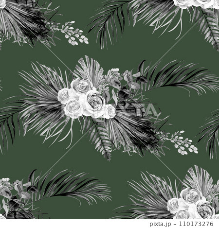 Seamless black and white pattern with a Bouquet of roses and tropical dried flowers in Boho style painted in watercolor Seamless black and white pattern with a Bouquet of roses and tropical dried flowers in Boho style painted in watercolor 110173276
