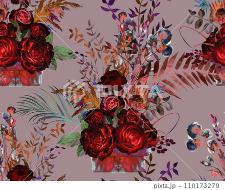Seamless botanical pattern with watercolor flowers of roses and palm leaves 110173279