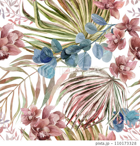 Seamless pattern with orchid flowers and tropical watercolor flowers and herbarium in Boho style Seamless pattern with orchid flowers and tropical watercolor flowers and herbarium in Boho style 110173328