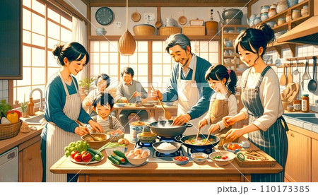 家族で囲むレトロなキッチン 110173385