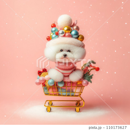 Abstract winter Christmas concept background with cute puppy dog in shopping cart and falling snow. 110173627