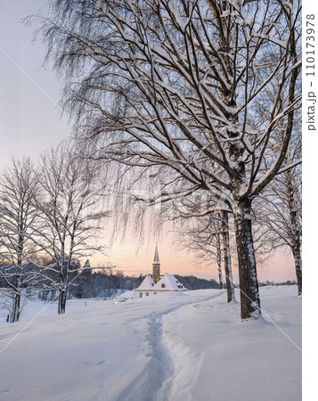 Vertical view of sunny winter frosty sunset. Evening snowy lands Vertical view of sunny winter frosty sunset. Evening snowy lands 110173978