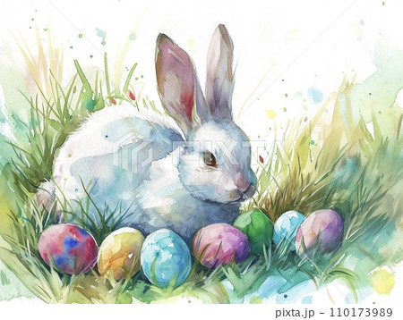 イースターエッグとウサギのいる風景　AI画像 110173989
