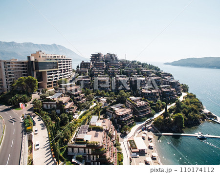 Hotel Dukley on the Zavala peninsula by the sea. Budva, Montenegro. Drone Hotel Dukley on the Zavala peninsula by the sea. Budva, Montenegro. Drone 110174112