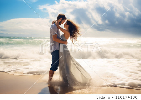 Couple enjoying their honeymoon on a beach by Generative Ai 110174180