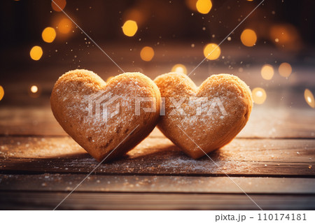 Two heart shaped cookies on wooden background by Generative Ai 110174181