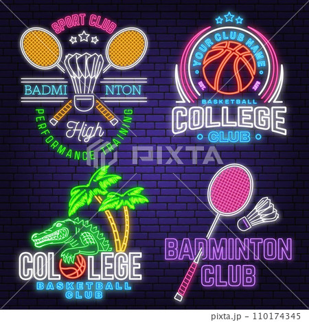 Set of Badminton sport neon emblem. Vector illustration. Vintage badminton label with racket and shuttlecock silhouettes. Concept for web banner, nightly advertising 110174345