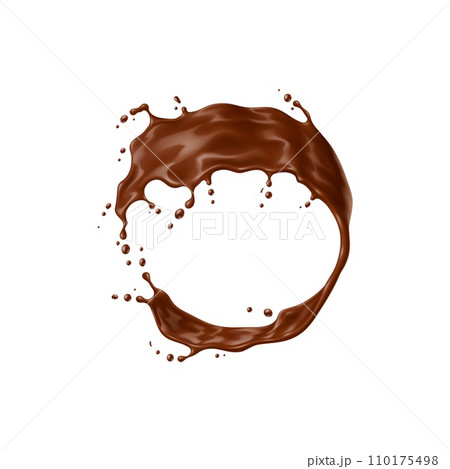 Realistic chocolate yogurt, cream or choco milk drink swirl splash and wave flow. Isolated 3d vector rich, velvety cocoa cascade round frame, decadent treat tantalizes senses with its smooth texture 110175498