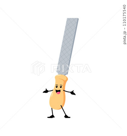 Cartoon funny file diy, building and repair tool character. Isolated vector carpentry instrument with happy smile and googly eyes. Playful and animated personage adding humor to the toolbox ensemble Cartoon funny file diy, building and repair tool character. Isolated vector carpentry instrument with happy smile and googly eyes. Playful and animated personage adding humor to the toolbox ensemble 110175540