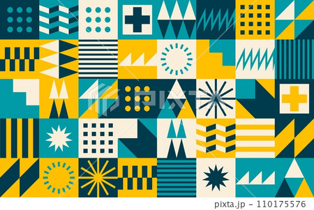 Turquoise, yellow and dark modern abstract geometric Bauhaus pattern, vector background. Retro shapes and simple mosaic art or vintage geometric abstract colors Bauhaus pattern with stars and symbols Turquoise, yellow and dark modern abstract geometric Bauhaus pattern, vector background. Retro shapes and simple mosaic art or vintage geometric abstract colors Bauhaus pattern with stars and symbols 110175576
