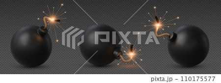 Realistic bomb with burning fuse. Isolated 3d vector explosive military tnt weapon, volatile device that poses imminent danger, set to detonate upon reaching the wick end, causing destruction or harm 110175577