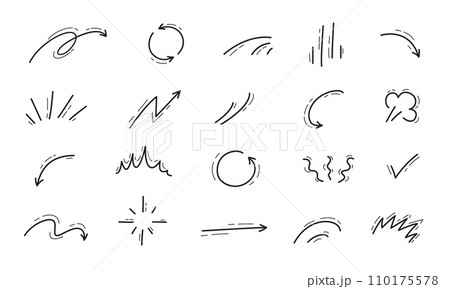 Hand drawn doodle movement motion lines, arrows and puff clouds, cartoon vector effects. Abstract symbols of spiral arrow or curve wave lines, check mark and rotation movement in doodle scribble 110175578