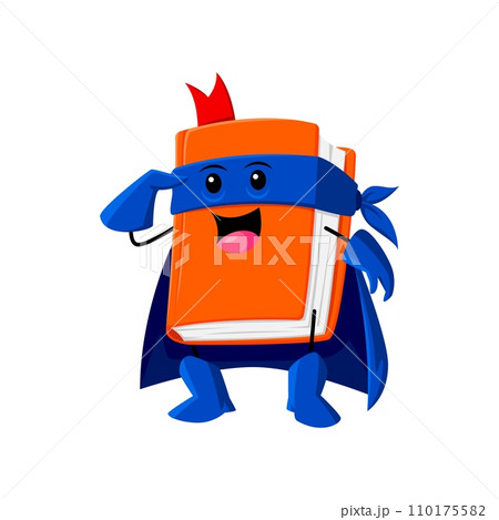 Cartoon textbook school supply superhero and defender character. Isolated vector book dynamic personage with bookmark and pages, filled with knowledge, empowers students on their educational quests 110175582