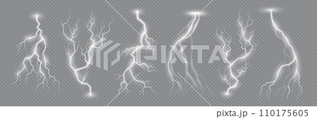 Lightning effect of flash strike or thunder bolt and thunderstorm electric spark, realistic vector. Electric charge of thunder lightning and thunderbolt, energy flash sparks on transparent background 110175605