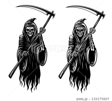 Grim reaper skeleton with scythe. Isolated vector chilling monochrome death, draped in tattered black hooded robe, clutches a menacing scythe with sharp blade, embodying the eerie essence of Halloween 110175607