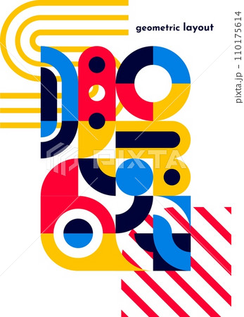 Bauhaus poster with geometric abstract pattern, vector cover background. Retro Bauhaus, Swiss or modern Scandinavian pattern with simple geometric shapes, blue, yellow and black color elements Bauhaus poster with geometric abstract pattern, vector cover background. Retro Bauhaus, Swiss or modern Scandinavian pattern with simple geometric shapes, blue, yellow and black color elements 110175614
