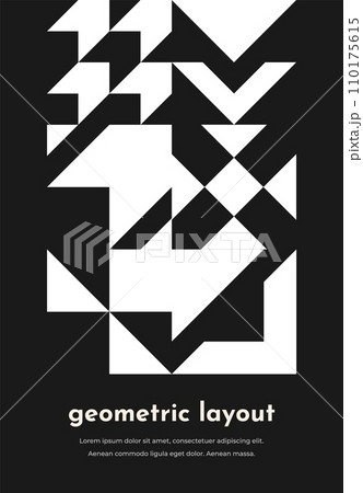 Abstract Bauhaus monochrome geometric pattern for poster or banner, vector cover template. Black and white Bauhaus pattern background with simple shape elements of Swiss or Scandinavian mosaic pattern 110175615
