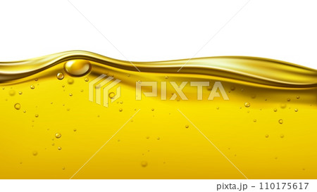 Liquid vegetable oil wave background. Yellow oil engine with drops, Realistic 3d vector cross section of vibrant, organic golden colored oily substance, honey, syrup, gasoline with bubbles or dribs 110175617