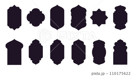 Mosque islamic window, gate and door shapes. Isolated vector set of arab arches. Black portal frames collection. Elegant architecture elements, icons for Muslim Ramadan Kareem or Eid Mubarak holiday. Mosque islamic window, gate and door shapes. Isolated vector set of arab arches. Black portal frames collection. Elegant architecture elements, icons for Muslim Ramadan Kareem or Eid Mubarak holiday. 110175622